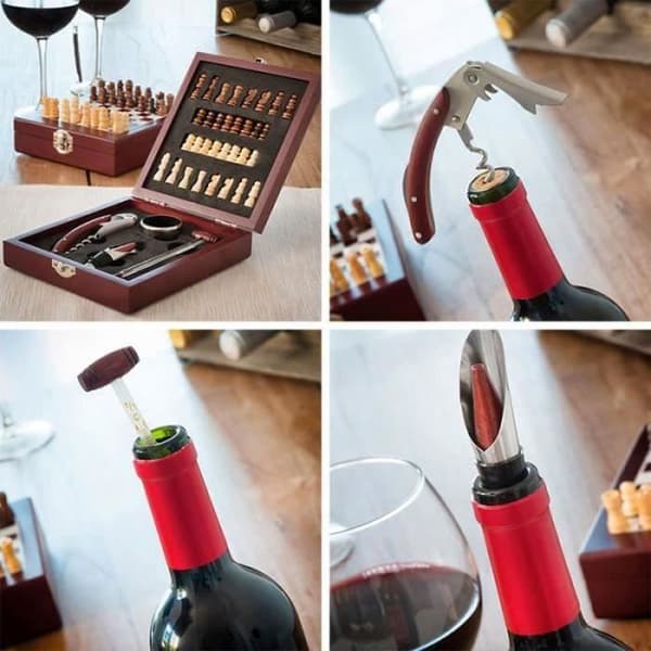 XF09388-SHOP-STORY - Vin- och schacktillbehörsset i kartong (37 delar) Perfekt present till vin- och schackfans
