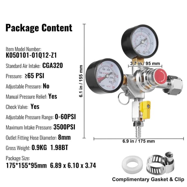 CO2 Trykregulator til Fadøl, 0-60 PSI Justerbar Tryk, Kompatibel med CGA320,Dobbeltmålere