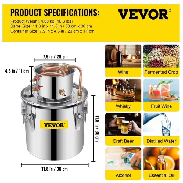 Alkohol Destillationssæt, 5 Gallon Kapacitet, Holdbar Rustfrit Stål Konstruktion,5 Gal
