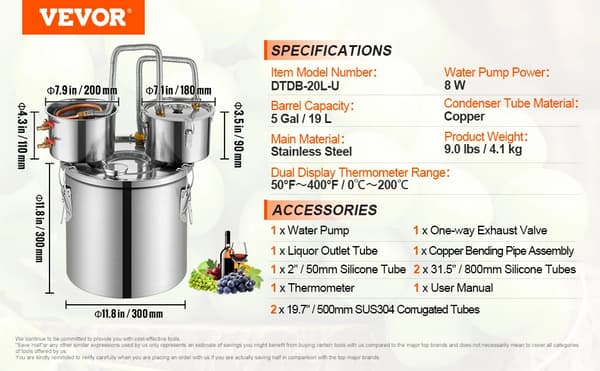 Alkohol Destillator, Rustfrit Stål, Dobbelt Display Termometer,DTDB-20L-U