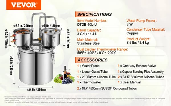 Alkohol Destillator, Rostfritt Stål, Dubbel Display Termometer,DTDB-10L-U