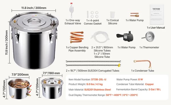 Alkohol Destillator, Rustfrit Stål, Dobbelt Display Termometer,DTDB-20L-Ukobberrør
