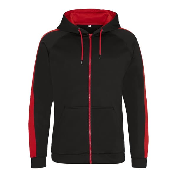 AWDis Just Hoods Mens Contrast Sports Polyester Full Zip Hoodie med kontrastfärgning Jet Black/Fire Red 3XL