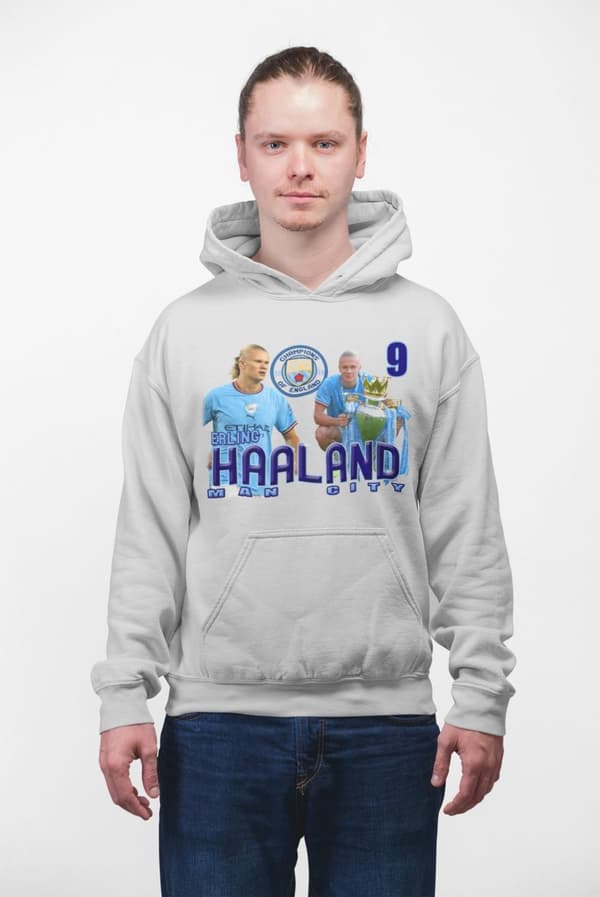 Haaland champions Man. City - grå huvtröja tröja