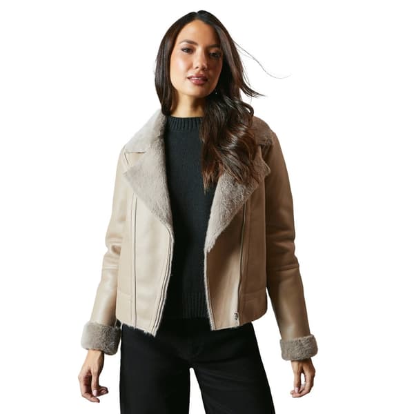 Principles Womens/Ladies Faux Fur Collar Biker Jacket Taupe 18 UK