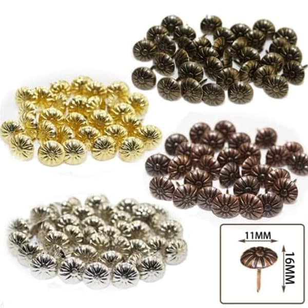 100 stykker møbelsøm, møbelsøm til sofaer, håndværk, dekorative malerier, 7/16 tommer hoveddiameter (antik messing tusindfryd) (sølv)