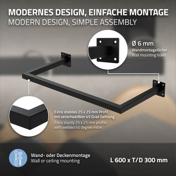 Rektangulært tøjstativ til væggen 30x60 cm sort stål ML-design