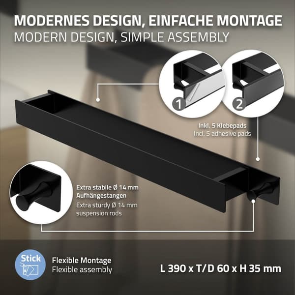 Håndklædestang uden at bore med kroge 42 cm sort stål ML-design