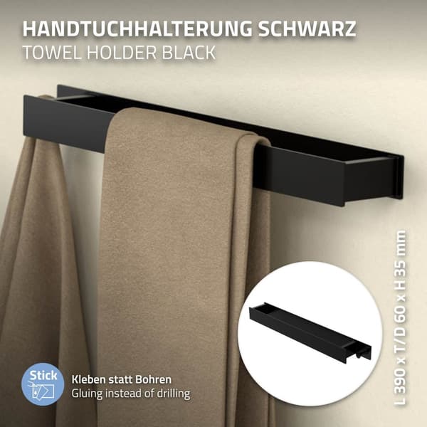 Håndklædestang uden at bore med kroge 42 cm sort stål ML-design
