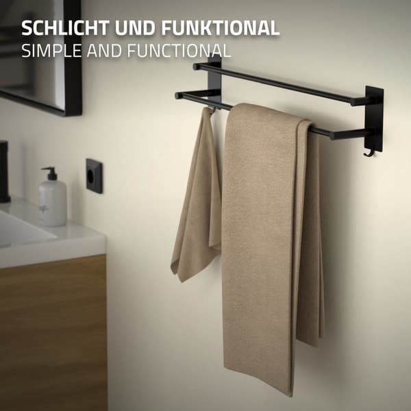Håndklædestang uden boring 60 cm sort stål med 2 klæbepuder ML-Design