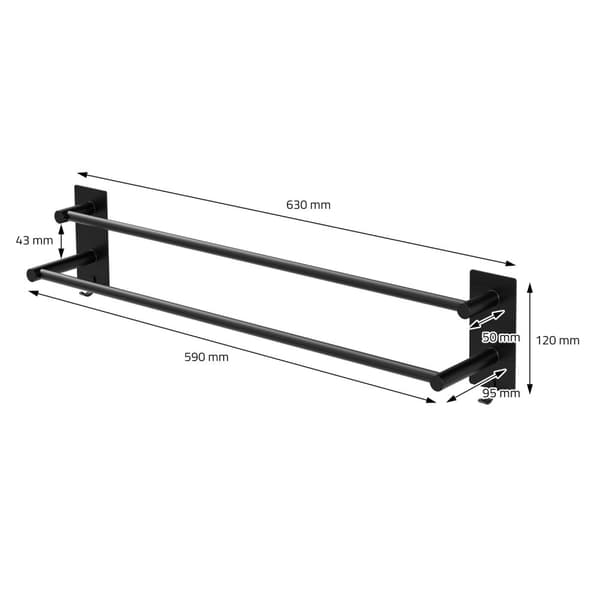 Håndklædestang uden boring 60 cm sort stål med 2 klæbepuder ML-Design