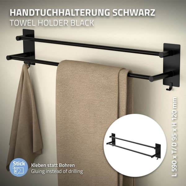 Håndklædestang uden boring 60 cm sort stål med 2 klæbepuder ML-Design