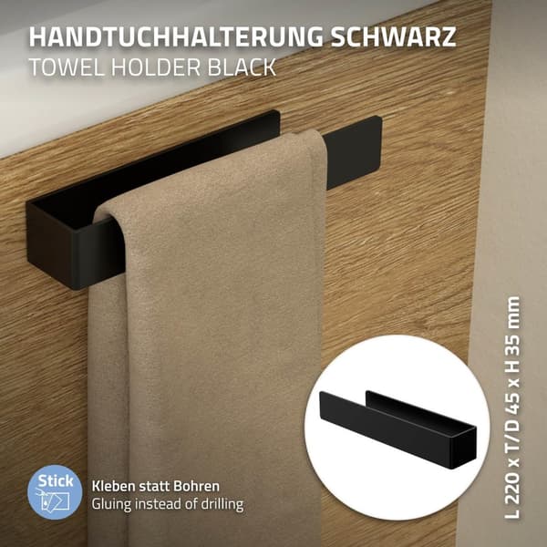 Håndklædestang uden boring med 2 klæbepuder 22 cm sort aluminium ML-design