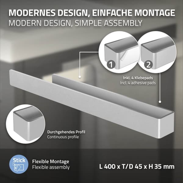 Håndklædestang uden boring med 2 klæbepuder 40 cm sølvfarvet aluminium ML-design
