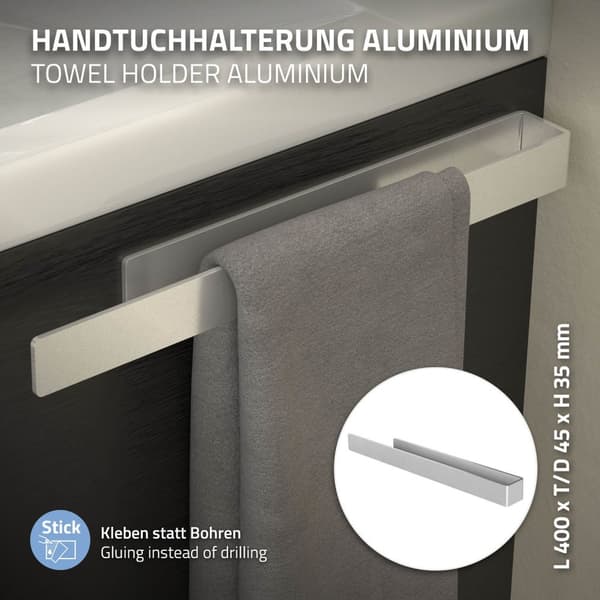 Håndklædestang uden boring med 2 klæbepuder 40 cm sølvfarvet aluminium ML-design