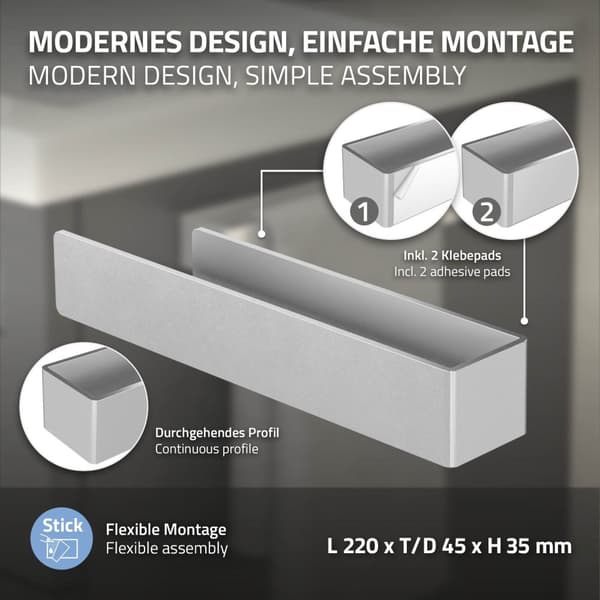Handduksstång utan borrning med 2 självhäftande kuddar 22 cm silver aluminium ML design