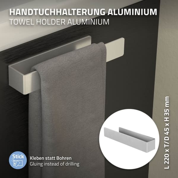 Handduksstång utan borrning med 2 självhäftande kuddar 22 cm silver aluminium ML design