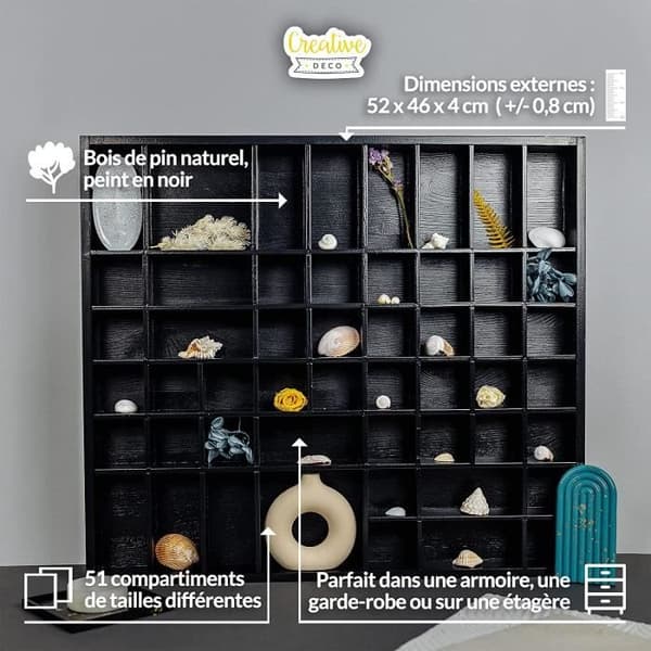 Creative Deco Showcase Brickhylla Svart Trä| 51 Fack | 52 x 46 x 5 cm | Smycken Förvaringsskåp Låda | Arrangör
