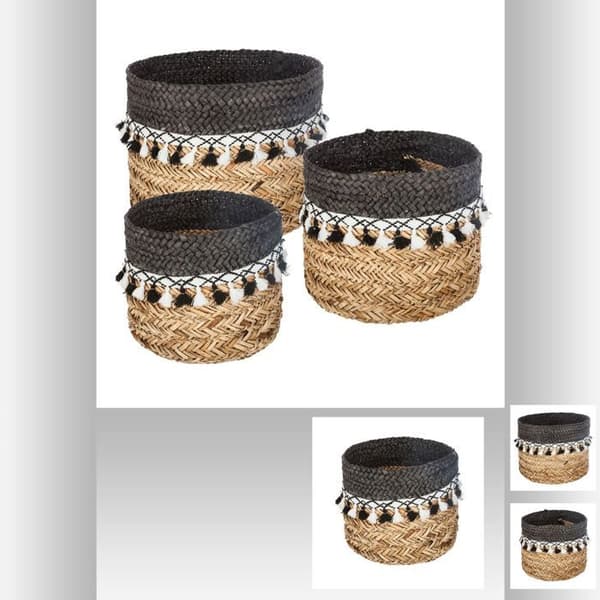 Atmosphera - Set med 3 sjögräs korgar med pompomer S: L, 26 x H, 20 cm M: L, 30 x H, 23 cm L: L, 33 x H, 25 cm Svart/beige
