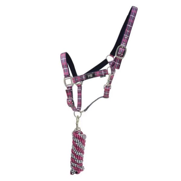 Hy Tartan Head Collar with Lead Rope Raspberry/White/Navy Pony