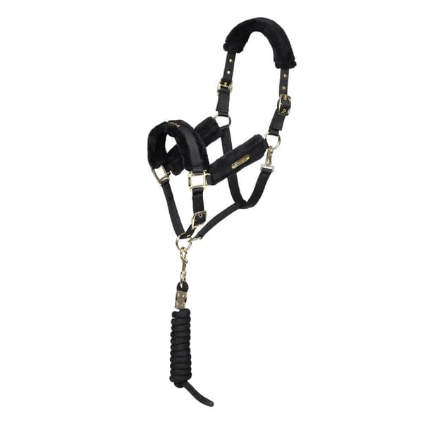 ARMA Logo Faux Fur Horse Headcollar and Leadrope Black Cob