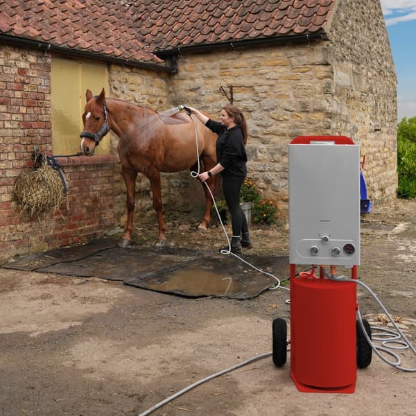 GAS BÆRBAR HESTEBRUSER | Vogn med 10" luftfyldte hjul | Stål | 18L tank | Temperatur op til 75° | 10m slange | Sprøjtepistol med 9 mønstre | TILBEHØR