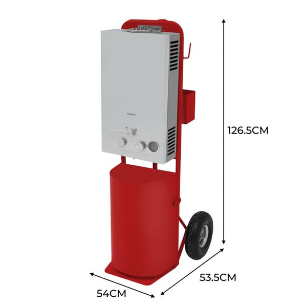 GAS BÆRBAR HESTEBRUSER | Vogn med 10" luftfyldte hjul | Stål | 18L tank | Temperatur op til 75° | 10m slange | Sprøjtepistol med 9 mønstre | TILBEHØR