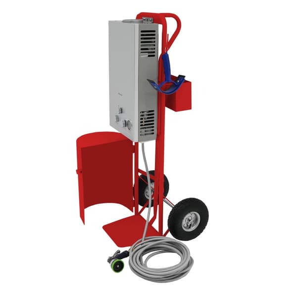 GAS BÆRBAR HESTEBRUSER | Vogn med 10" luftfyldte hjul | Stål | 18L tank | Temperatur op til 75° | 10m slange | Sprøjtepistol med 9 mønstre | TILBEHØR
