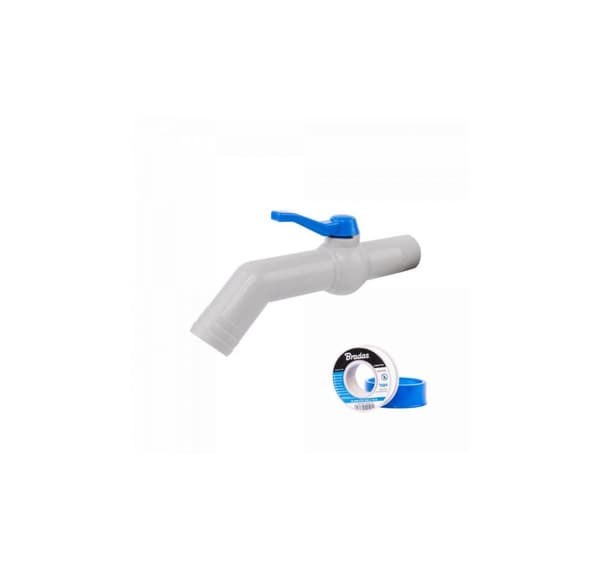 Sæt - PP 45° 1'' vandhane til 25-32mm slange, længde 20cm, med PTFE tape.