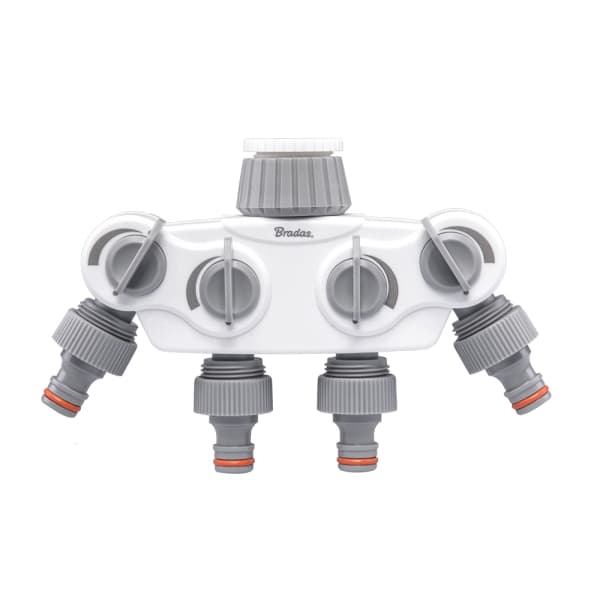 Sæt med 2 produkter. WHITE LINE SOLID 4-vejs manifold med 1 "eller 3/4" haneventiler