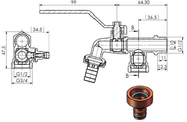 Dobbelt havehane 1/2"x3/4"x3/4""