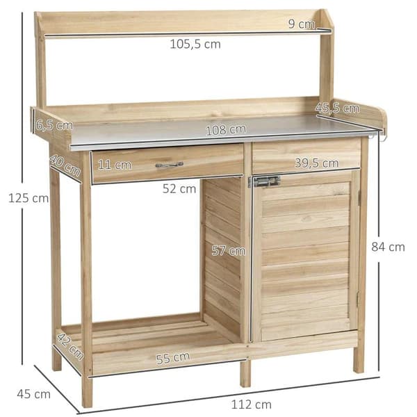 Rootz Pottebænkbord - Plantebord - Havebord - Med skuffe - Havearbejdsbord - 112 x 45 x 125 cm