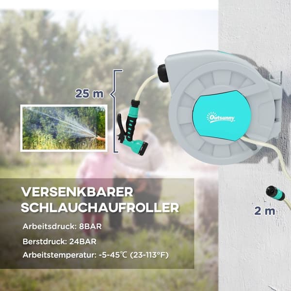 Rootz Garden Slange Holder - Wall Slose Reel - Water Slose Drum - 7 Spray Mønstre - 180 ° Rotatable - 55 cm x 20 cm x 42 cm