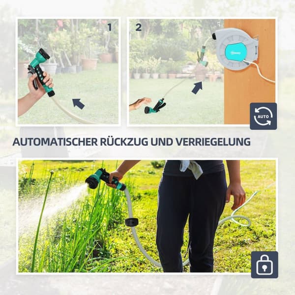 Rootz Garden Slange Holder - Wall Slose Reel - Water Slose Drum - 7 Spray Mønstre - 180 ° Rotatable - 55 cm x 20 cm x 42 cm