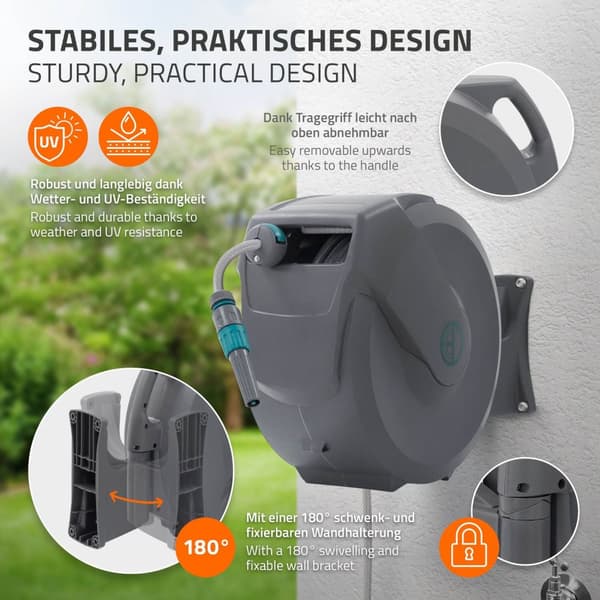 ECD Germany Slangvinda 30m+2m, slangvinda, väggmonterad slangbox RollUp med låsstopp och 9 sprayfunktioner, 180° svängbar, automatisk vatten- och
