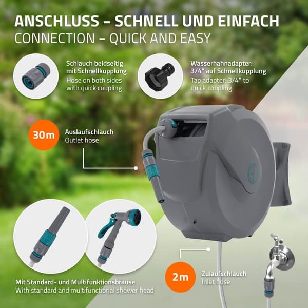 ECD Germany Slangvinda 30m+2m, slangvinda, väggmonterad slangbox RollUp med låsstopp och 9 sprayfunktioner, 180° svängbar, automatisk vatten- och