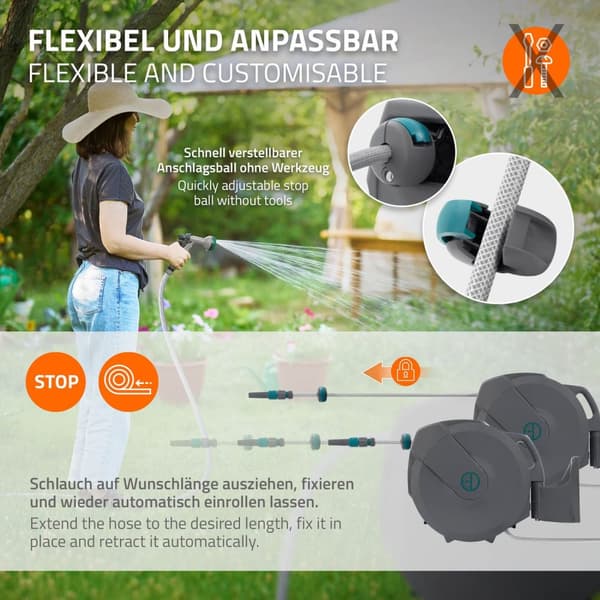 ECD Germany Slangvinda 30m+2m, slangvinda, väggmonterad slangbox RollUp med låsstopp och 9 sprayfunktioner, 180° svängbar, automatisk vatten- och