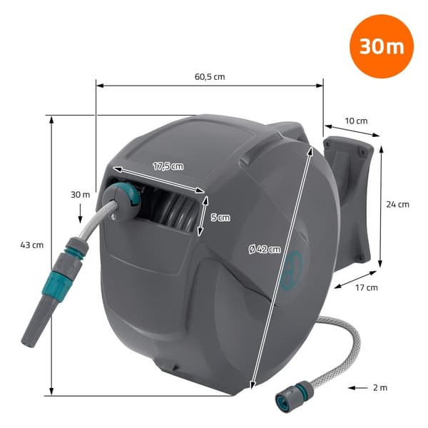 ECD Germany Slangvinda 30m+2m, slangvinda, väggmonterad slangbox RollUp med låsstopp och 9 sprayfunktioner, 180° svängbar, automatisk vatten- och