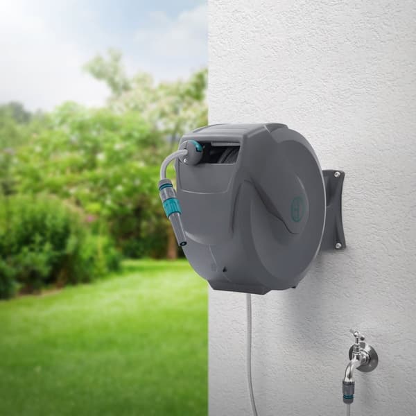 ECD Germany Slangvinda 30m+2m, slangvinda, väggmonterad slangbox RollUp med låsstopp och 9 sprayfunktioner, 180° svängbar, automatisk vatten- och