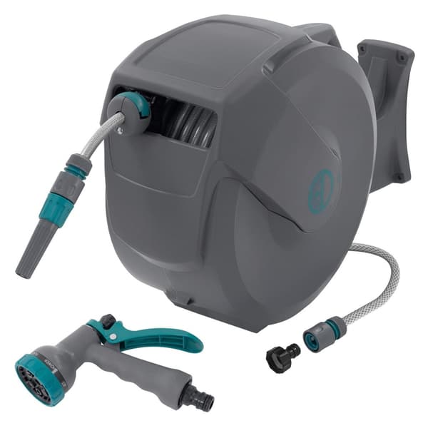 ECD Germany Slangvinda 30m+2m, slangvinda, väggmonterad slangbox RollUp med låsstopp och 9 sprayfunktioner, 180° svängbar, automatisk vatten- och
