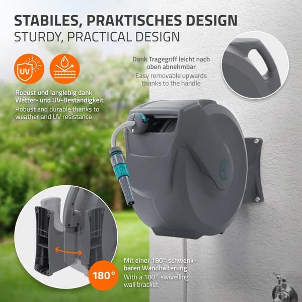 ECD Germany Slangetromle 20m+2m, slangetromle, vægmonteret slangeboks RollUp med låsestop og 9 sprayfunktioner, 180° drejelig, automatisk