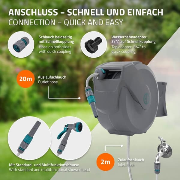 ECD Germany Slangetromle 20m+2m, slangetromle, vægmonteret slangeboks RollUp med låsestop og 9 sprayfunktioner, 180° drejelig, automatisk