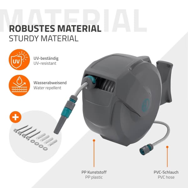 ECD Germany Slangetromle 20m+2m, slangetromle, vægmonteret slangeboks RollUp med låsestop og 9 sprayfunktioner, 180° drejelig, automatisk