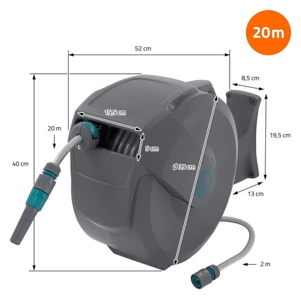 ECD Germany Slangetromle 20m+2m, slangetromle, vægmonteret slangeboks RollUp med låsestop og 9 sprayfunktioner, 180° drejelig, automatisk