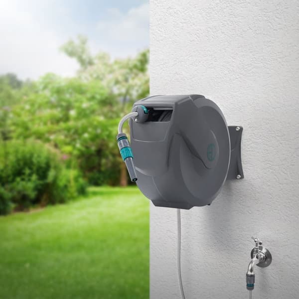 ECD Germany Slangetromle 20m+2m, slangetromle, vægmonteret slangeboks RollUp med låsestop og 9 sprayfunktioner, 180° drejelig, automatisk