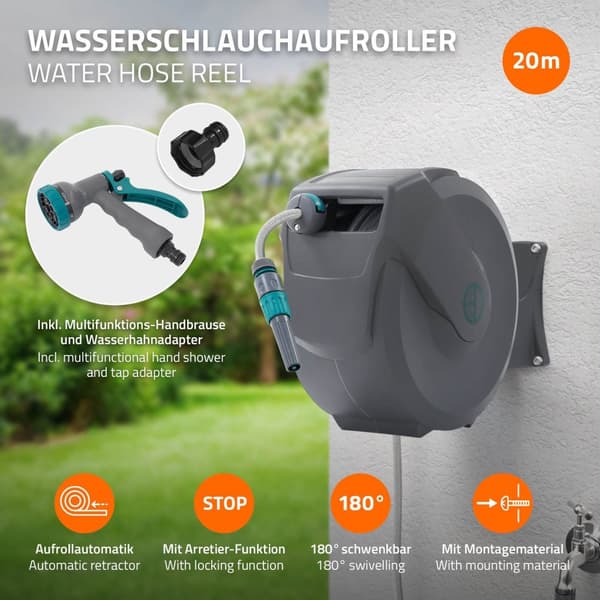 ECD Germany Slangetromle 20m+2m, slangetromle, vægmonteret slangeboks RollUp med låsestop og 9 sprayfunktioner, 180° drejelig, automatisk