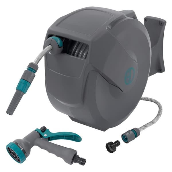 ECD Germany Slangetromle 20m+2m, slangetromle, vægmonteret slangeboks RollUp med låsestop og 9 sprayfunktioner, 180° drejelig, automatisk