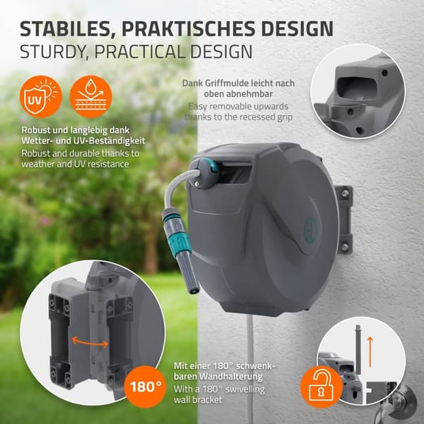ECD Germany Slangvinda 15m+1,5m, slangvinda, väggmonterad slangbox RollUp med låsstopp och 9 sprayfunktioner, 180° svängbar, automatisk vatten- och