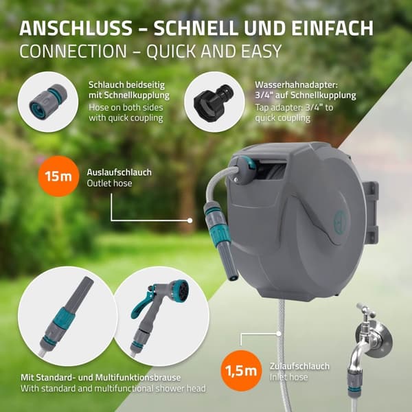 ECD Germany Slangvinda 15m+1,5m, slangvinda, väggmonterad slangbox RollUp med låsstopp och 9 sprayfunktioner, 180° svängbar, automatisk vatten- och