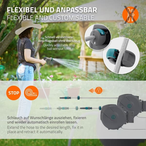 ECD Germany Slangvinda 15m+1,5m, slangvinda, väggmonterad slangbox RollUp med låsstopp och 9 sprayfunktioner, 180° svängbar, automatisk vatten- och